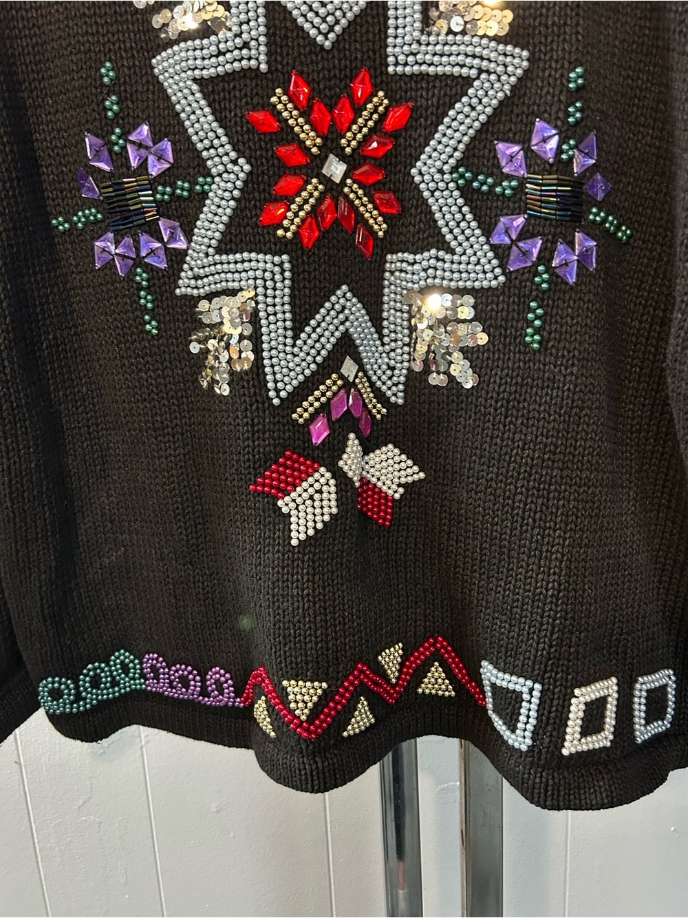 Marnie West Vintage Snowflake Christmas Sweater Heavy Beads Sequin Black - Picture 4 of 5